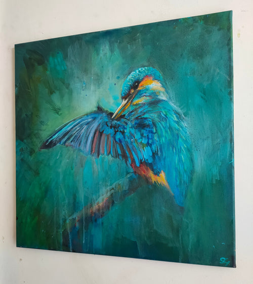 * sold*'April Shower' - Original Kingfisher Painting 50 x 50 cm/ 20 x 20" - Animal Art by Susan Gardner - Contemporary Expressionist - Colourful Fine Art