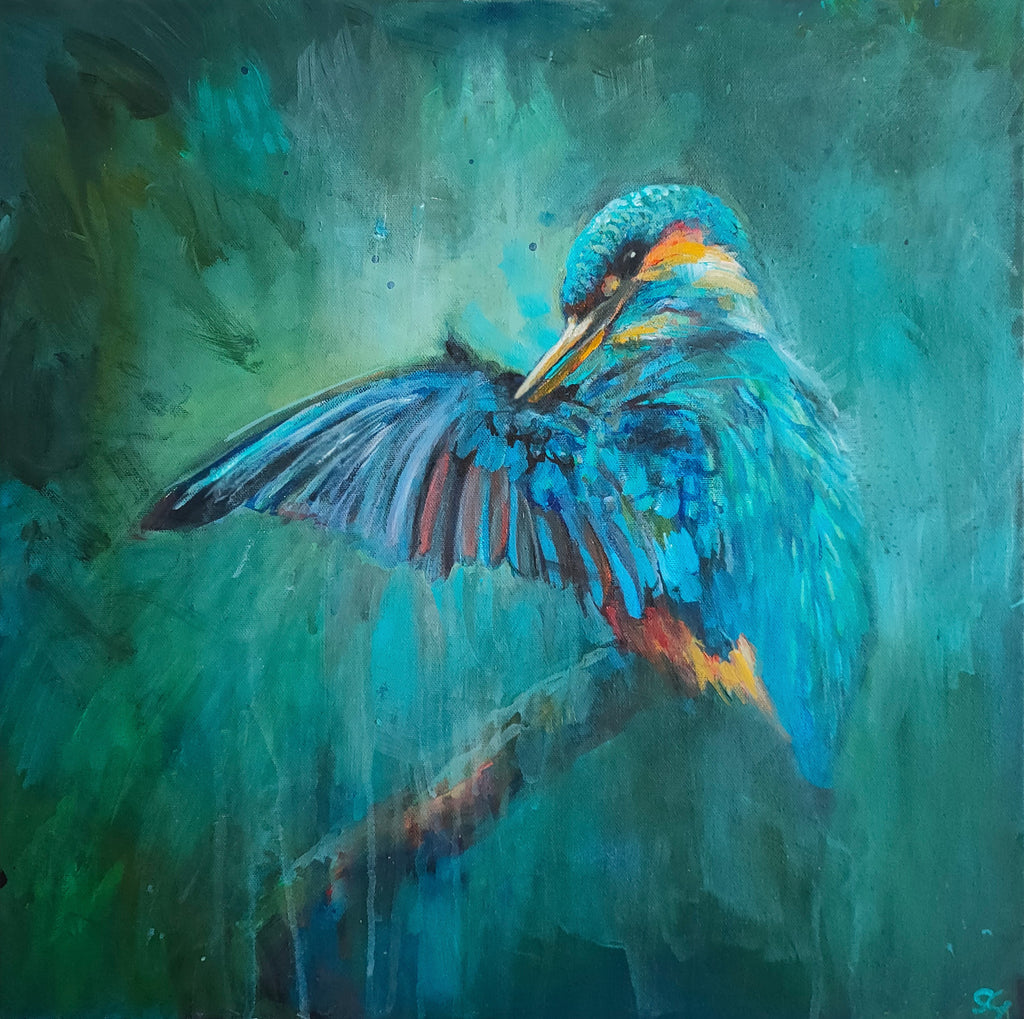 * sold*'April Shower' - Original Kingfisher Painting 50 x 50 cm/ 20 x 20"