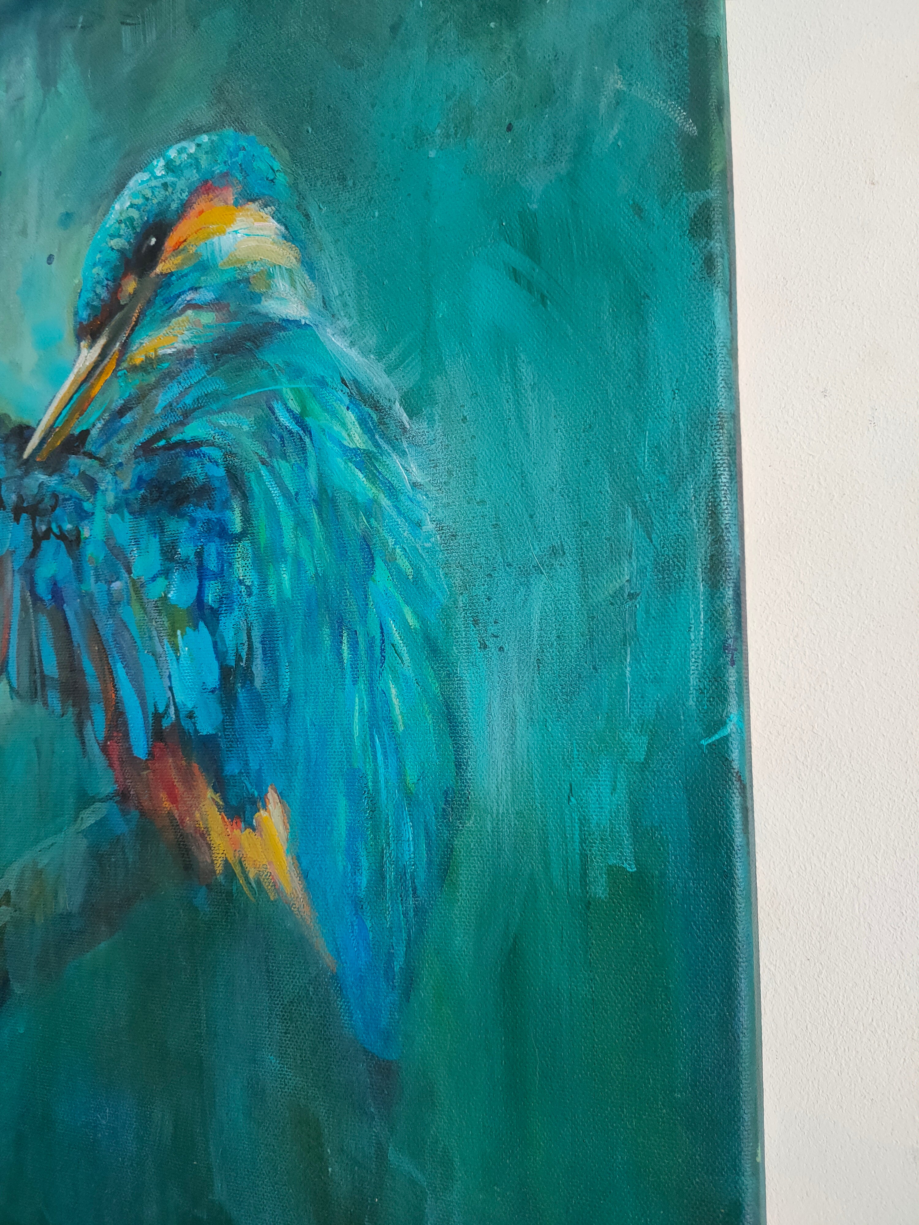 * sold*'April Shower' - Original Kingfisher Painting 50 x 50 cm/ 20 x 20" - Animal Art by Susan Gardner - Contemporary Expressionist - Colourful Fine Art