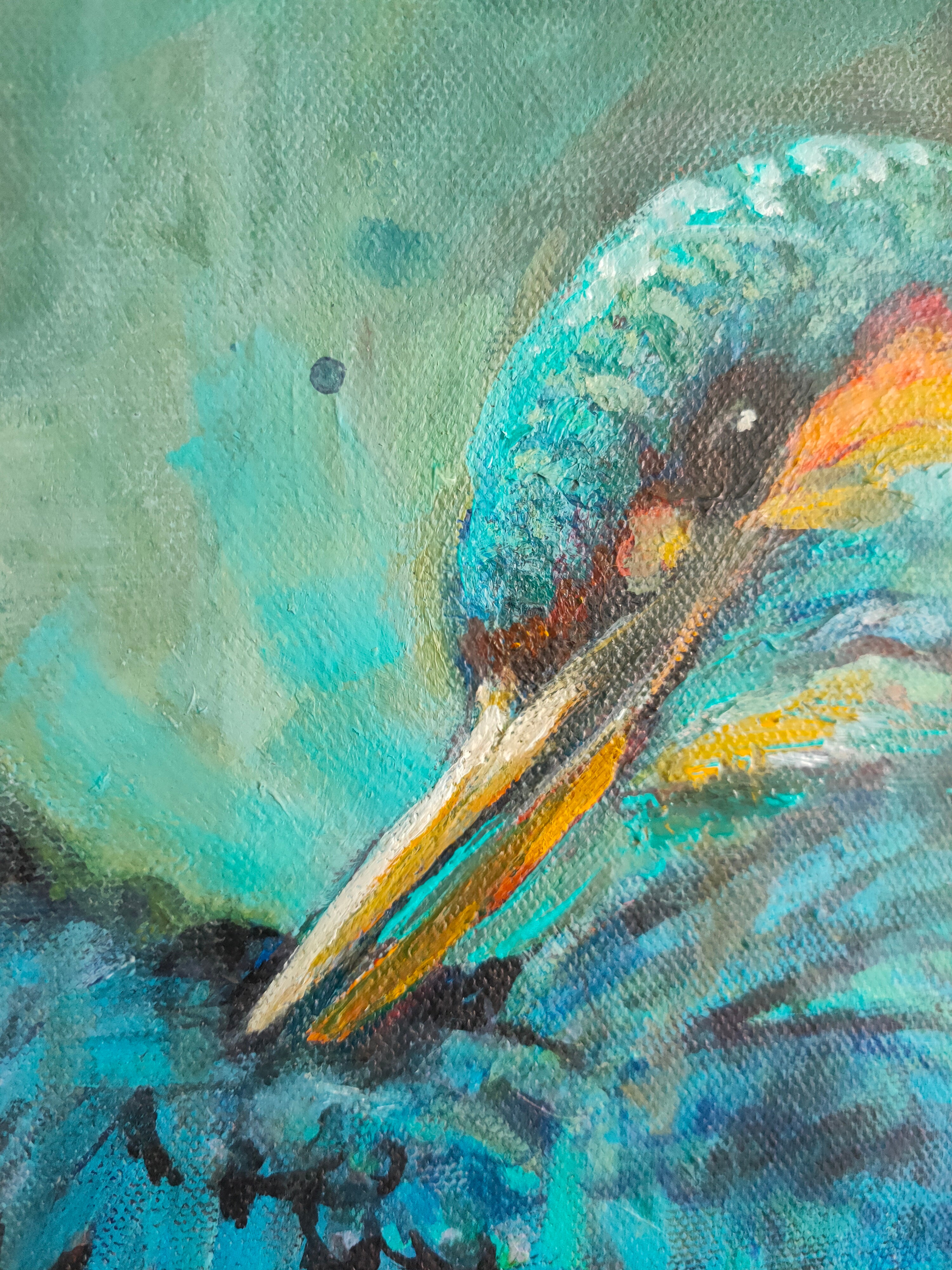 * sold*'April Shower' - Original Kingfisher Painting 50 x 50 cm/ 20 x 20" - Animal Art by Susan Gardner - Contemporary Expressionist - Colourful Fine Art