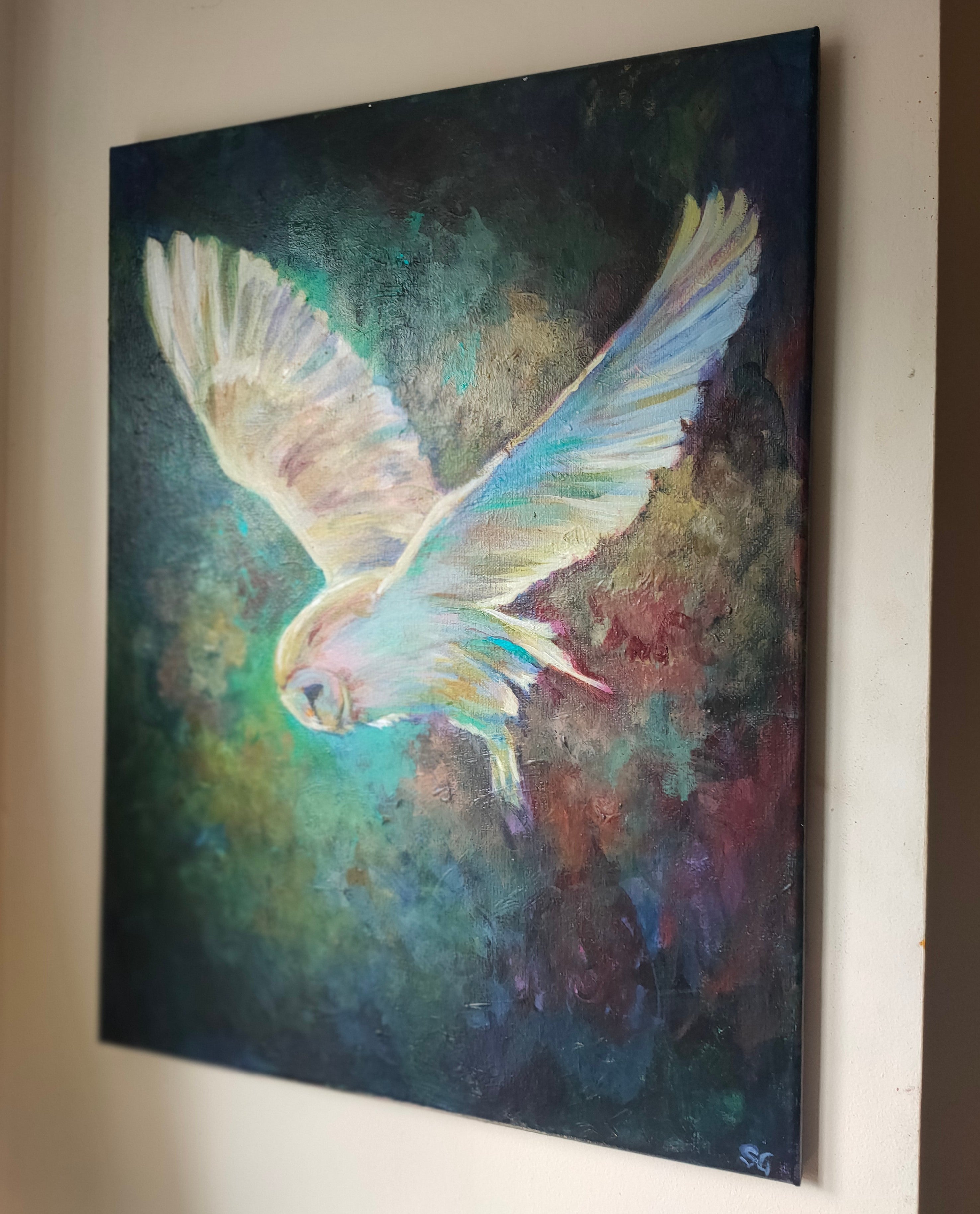 *Reserved* Silent Wings - Original Barn Owl Painting - 45 x 65 cm - Animal Art by Susan Gardner - Contemporary Expressionist - Colourful Fine Art