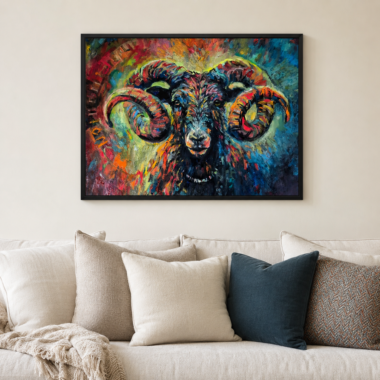 A colorful framed wall art print depicting a ram's head in an expressive, textured painting style, displayed above a beige sofa with neutral and blue throw pillows in a living room setting.