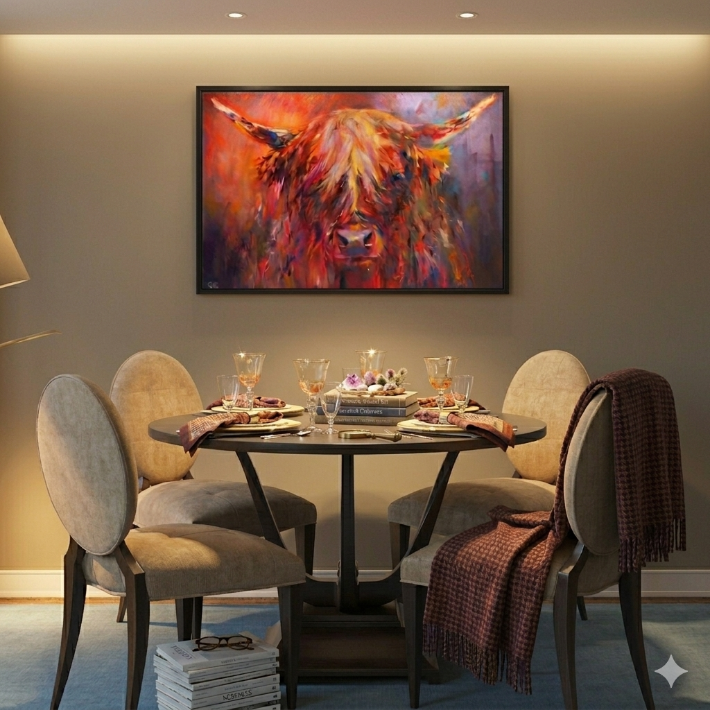 Islay - Highland Cow Framed Canvas - - susan gardner - uk artist - colourful animal art