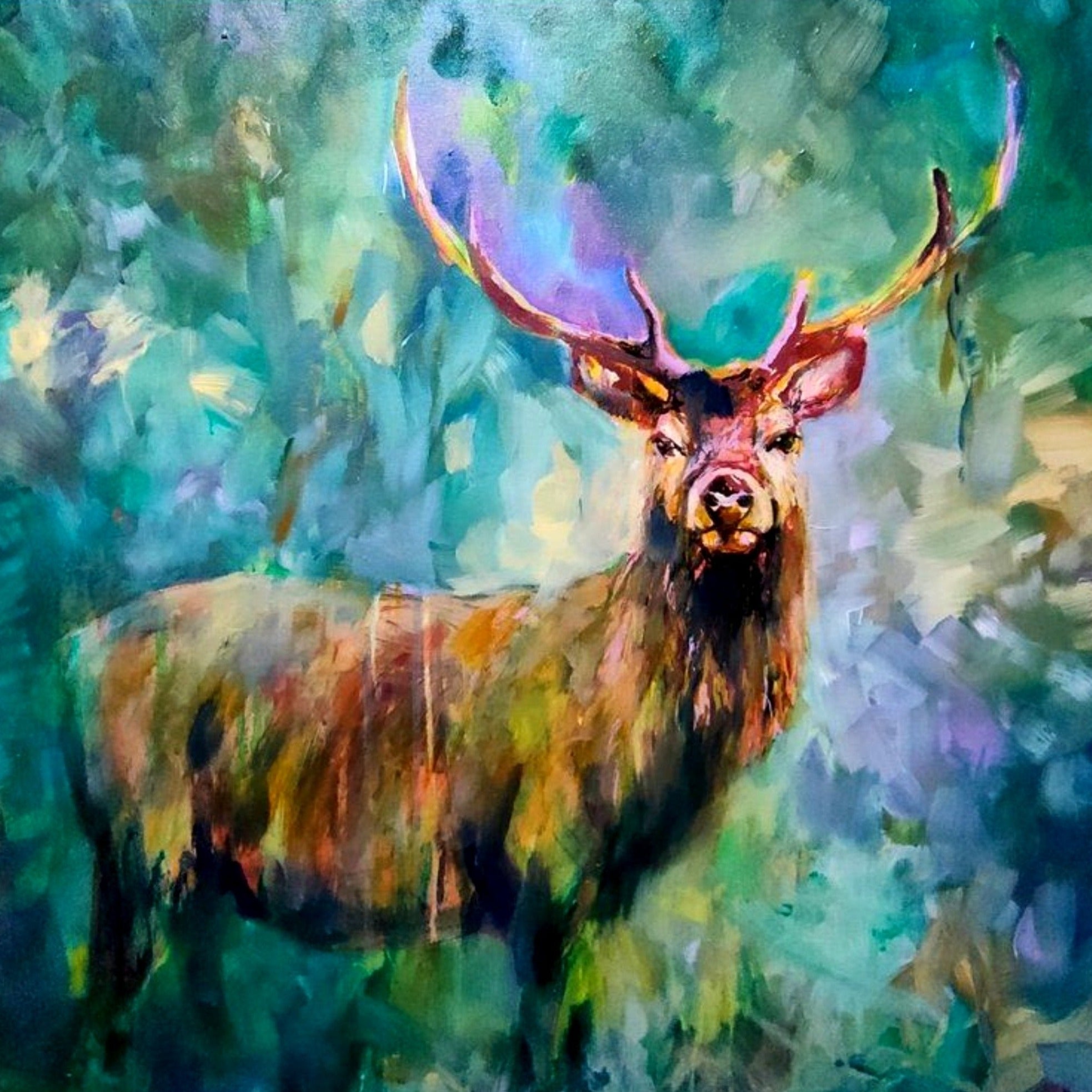 SOLD -Jacob - Original Deer Acrylic Painting - 60 x 60 cm/ 24 x 24" - Animal Art by Susan Gardner - Contemporary Expressionist - Colourful Fine Art