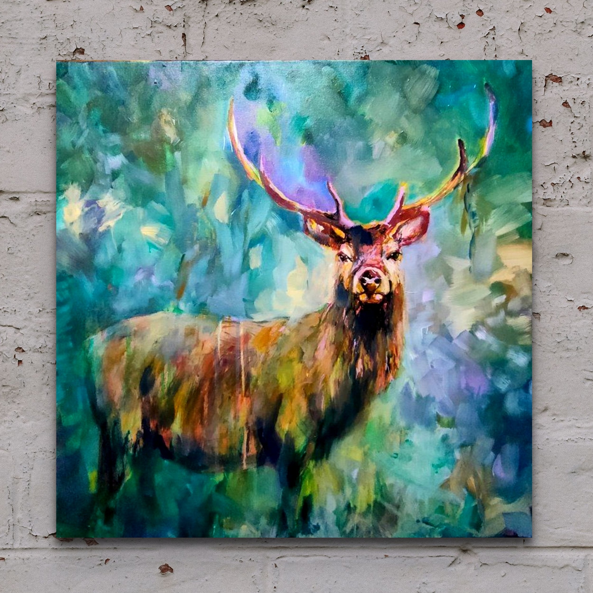 SOLD -Jacob - Original Deer Acrylic Painting - 60 x 60 cm/ 24 x 24" - Animal Art by Susan Gardner - Contemporary Expressionist - Colourful Fine Art