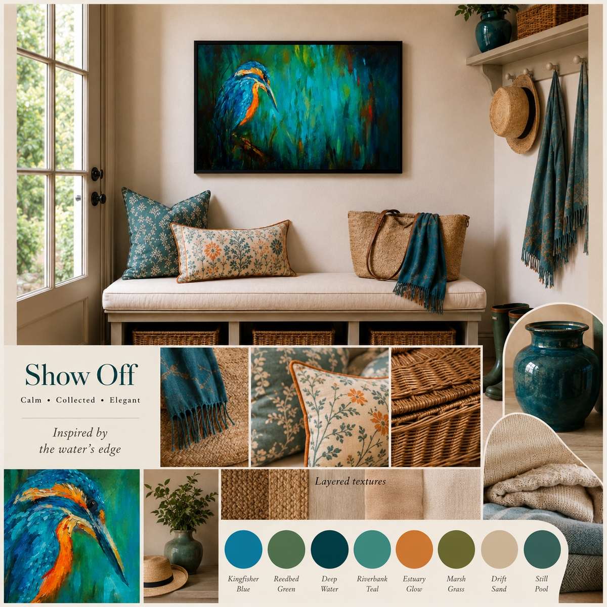 A styled interior scene featuring a framed painting of a blue and orange bird on a bench with patterned pillows and a throw blanket. The collage also includes a color palette strip, close-up texture panels, and decorative objects such as a teal vase and woven basket, with text reading 'Show Off' and 'Inspired by the water's edge.
