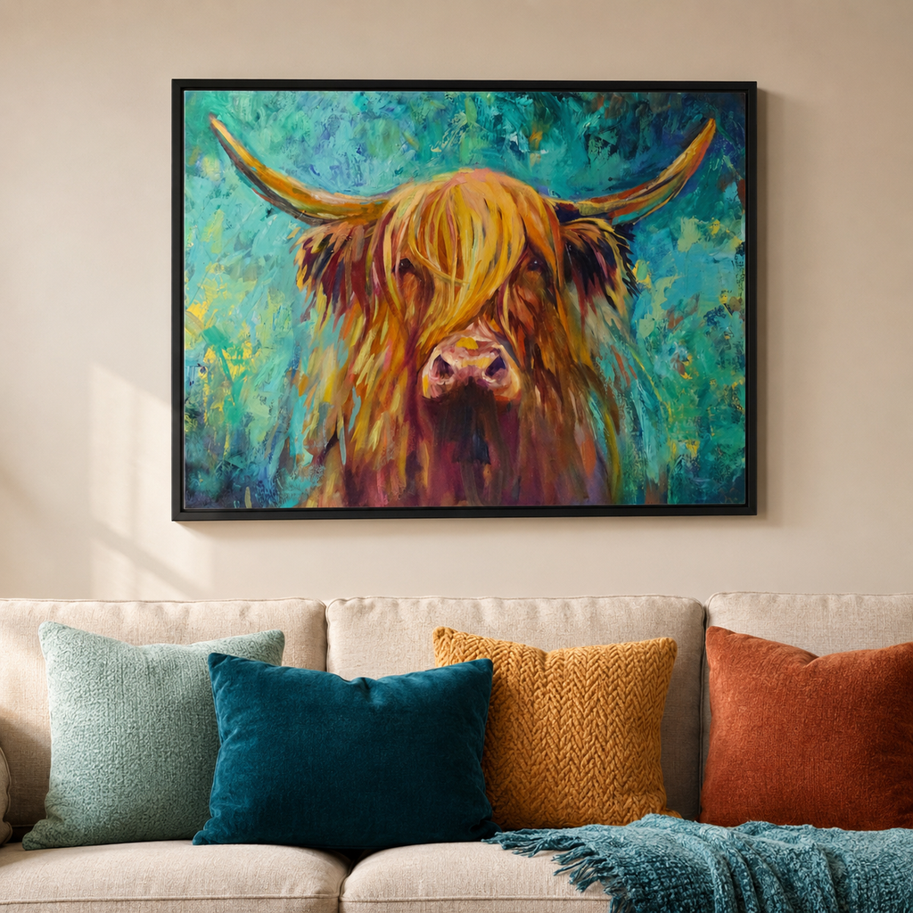 A framed colorful painting of a Highland cow hanging on a beige wall above a sofa with decorative throw pillows and a blanket.