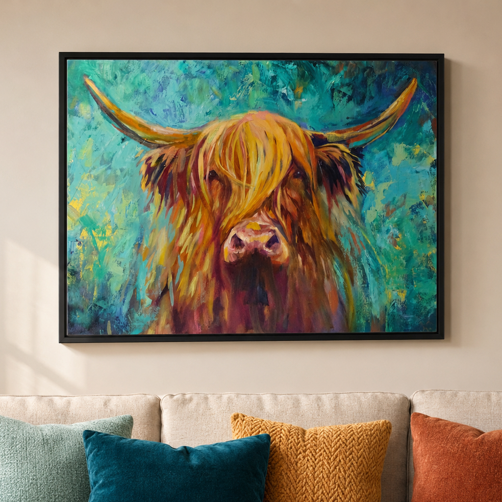colourful highland cow with teal and turquoise background in a room setting with teal, turquoise and gold cushions