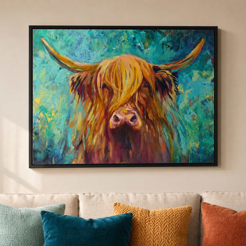 colourful highland cow with teal and turquoise background in a room setting with teal, turquoise and gold cushions