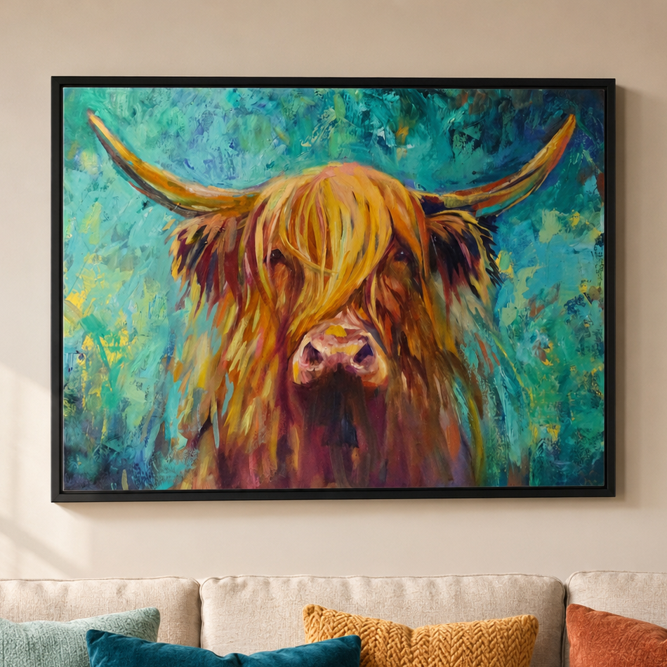 Kirriemuir: Highland cow framed canvas print.