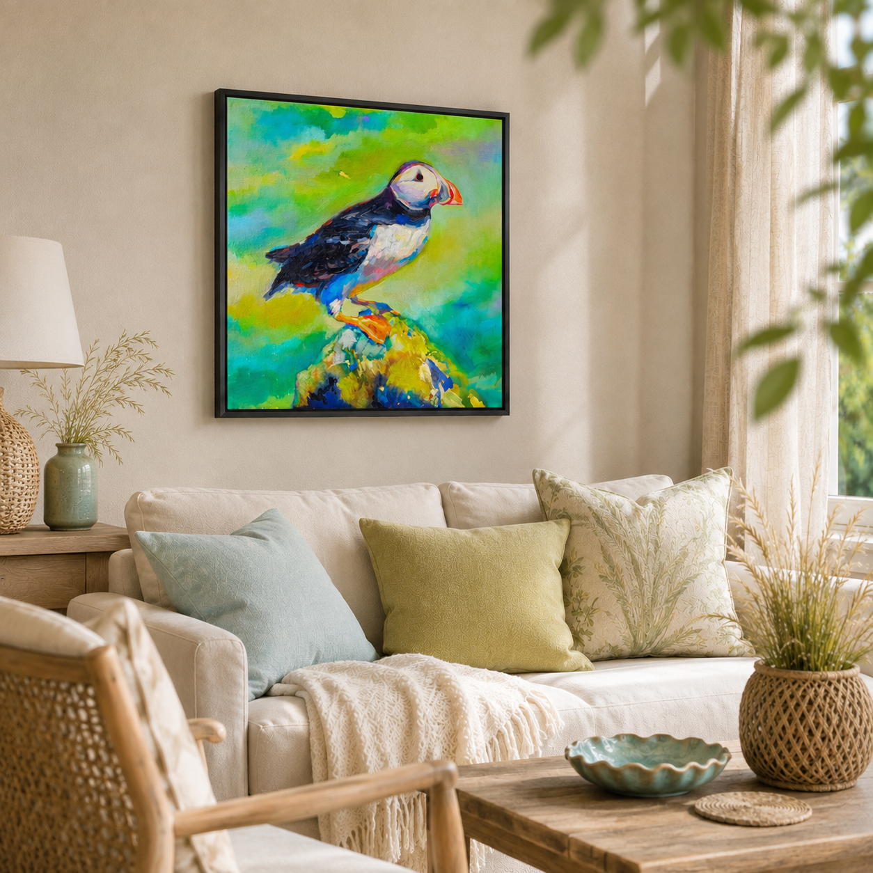 Surveying the Sea - Puffin Wall Art  Framed Canvas Print