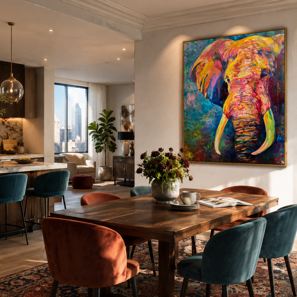Modern dining room with a large colorful elephant painting on the wall.