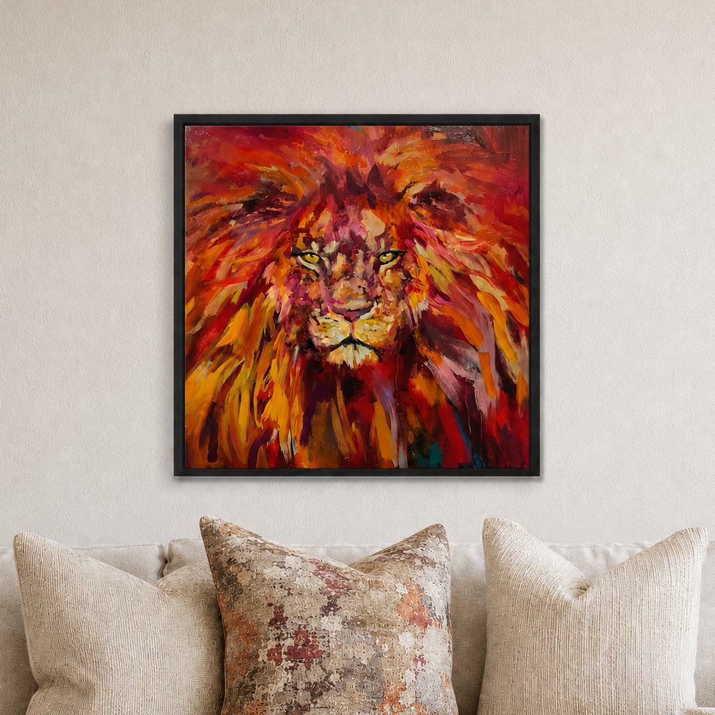 A framed square canvas print of a vibrant, textured lion painting in warm red, orange, and yellow tones, hanging on a light beige wall above a sofa with neutral-toned pillows.