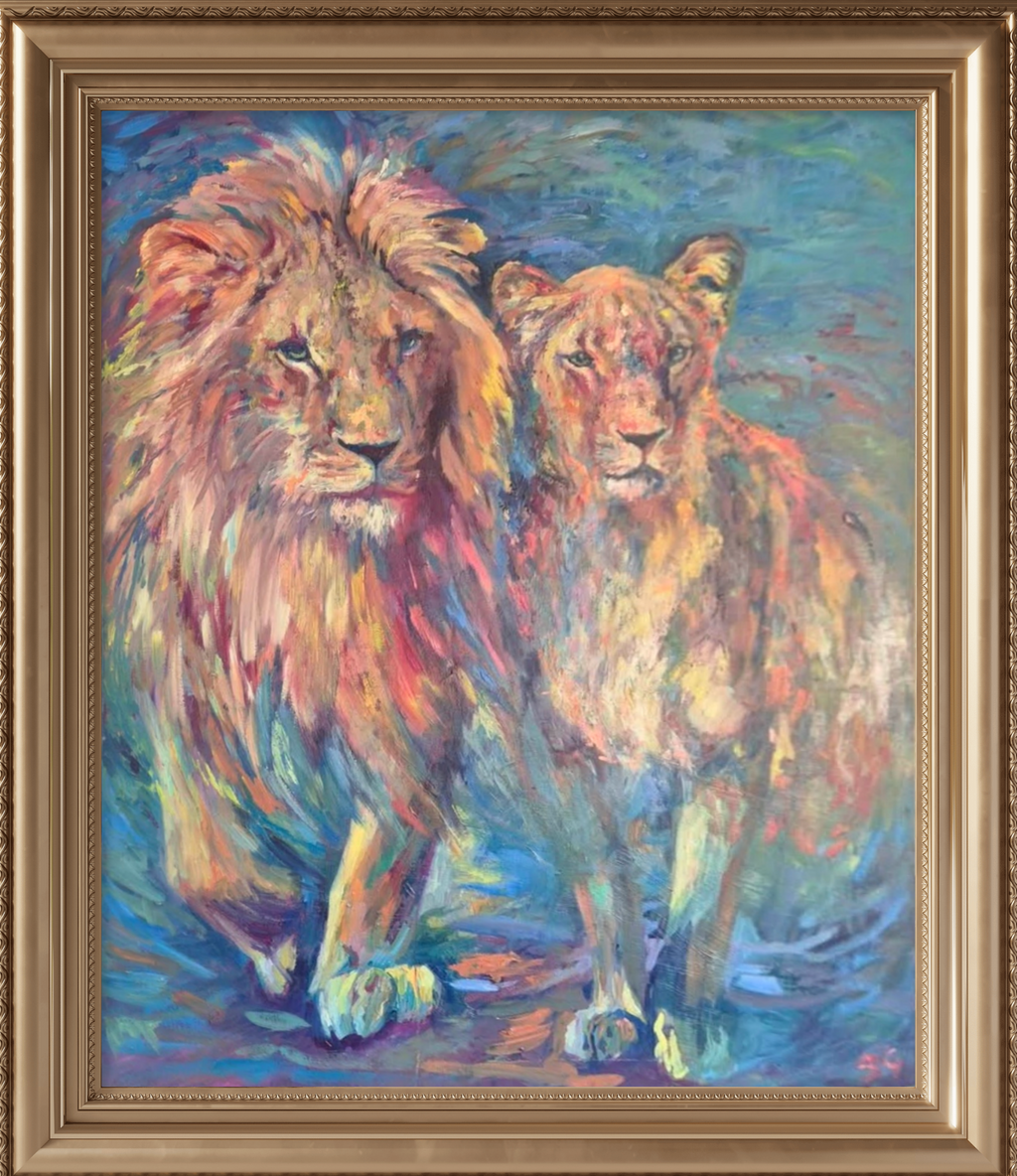 Colorful painting of two lions in a gold frame