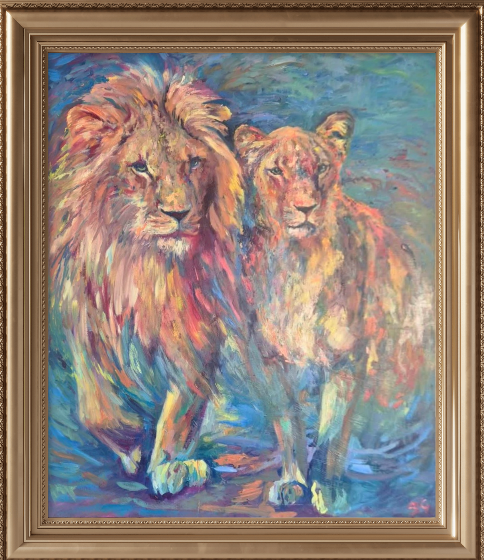 Colorful painting of two lions in a gold frame