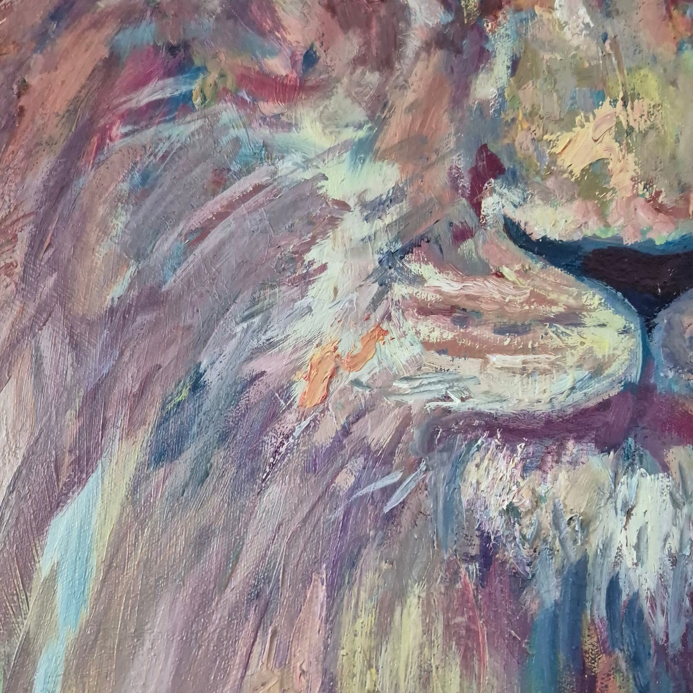 Close up detail of lion  painting with swirling colors and forms