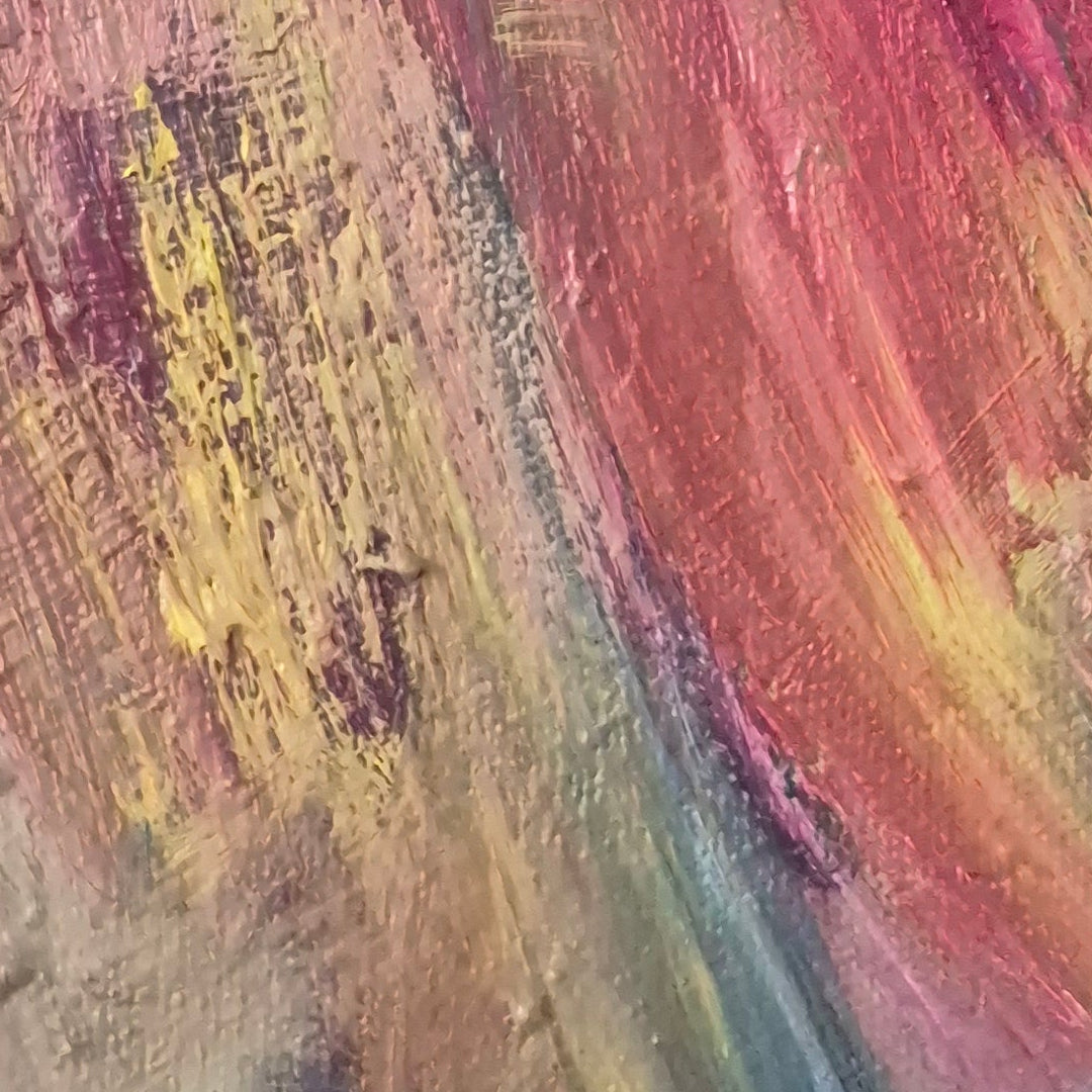 Detail of lion painting with swirling colors in red, blue, and yellow. 