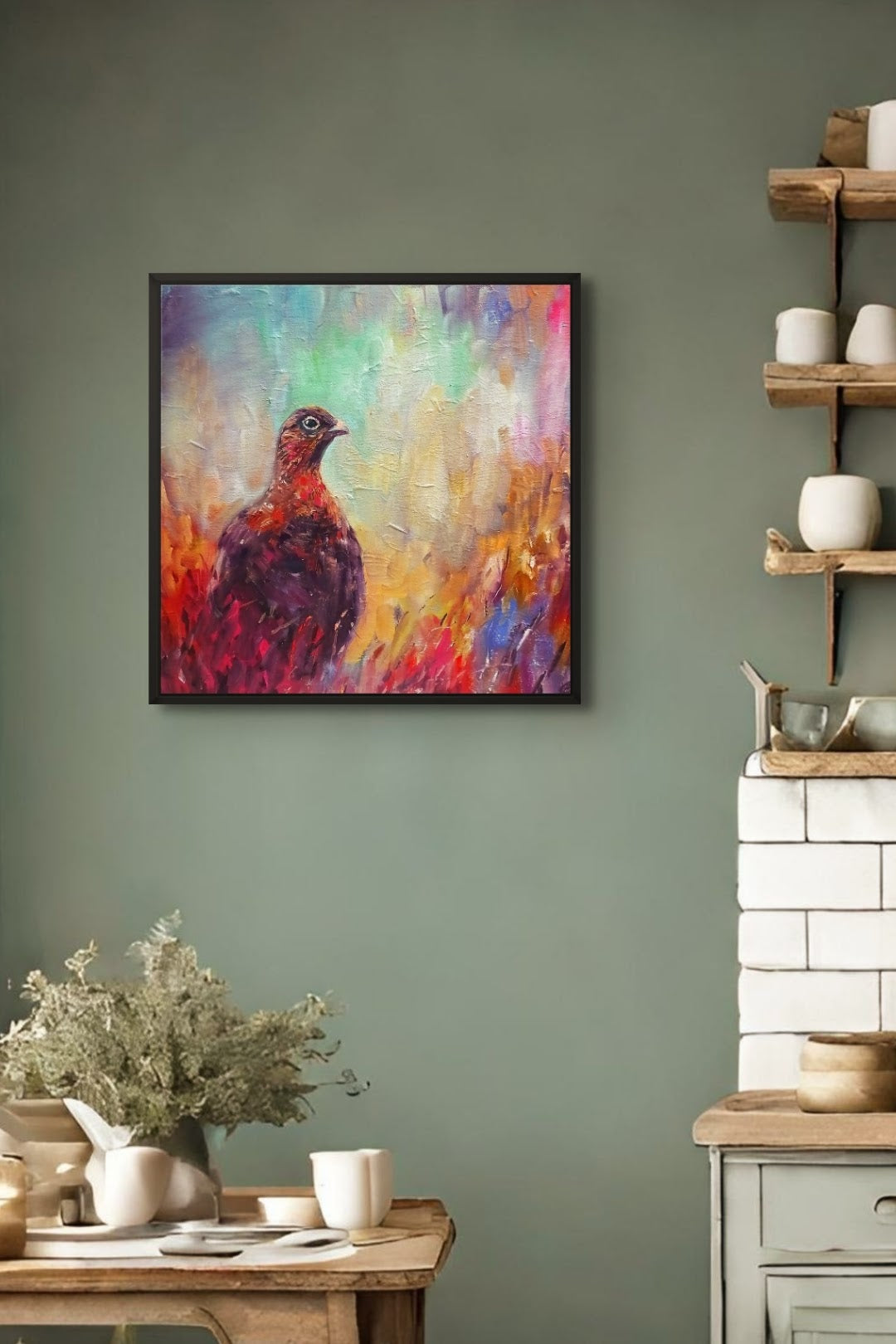 Little Grouse Framed Canvas - Animal Art by Susan Gardner - Contemporary Expressionist - Colourful Fine Art