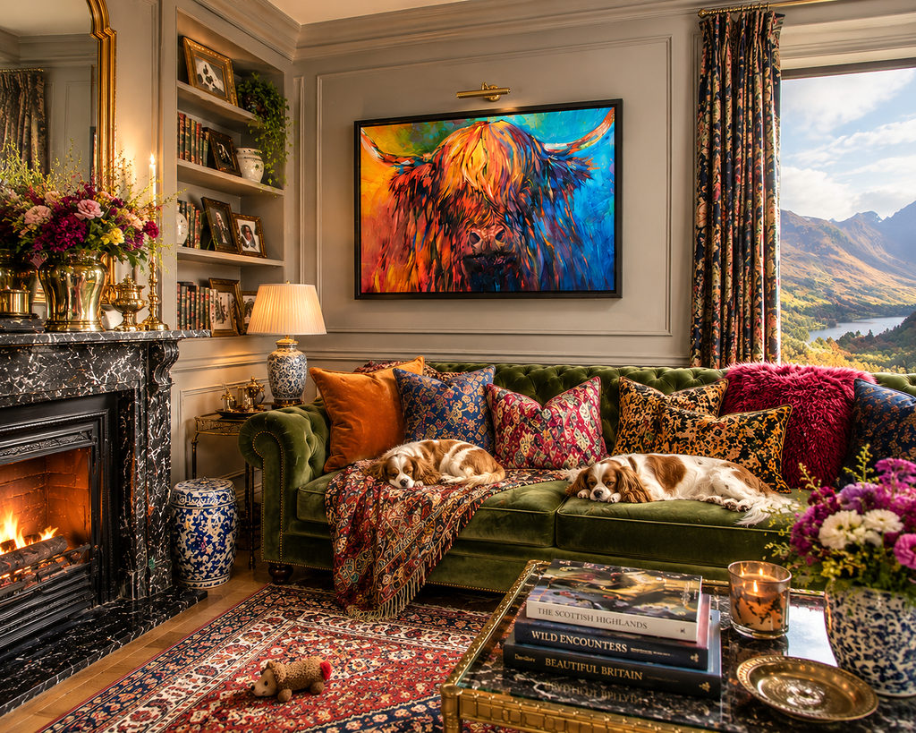 Living room with a colorful painting of a bull on the wall, a fireplace, and a sofa with decorative pillows.