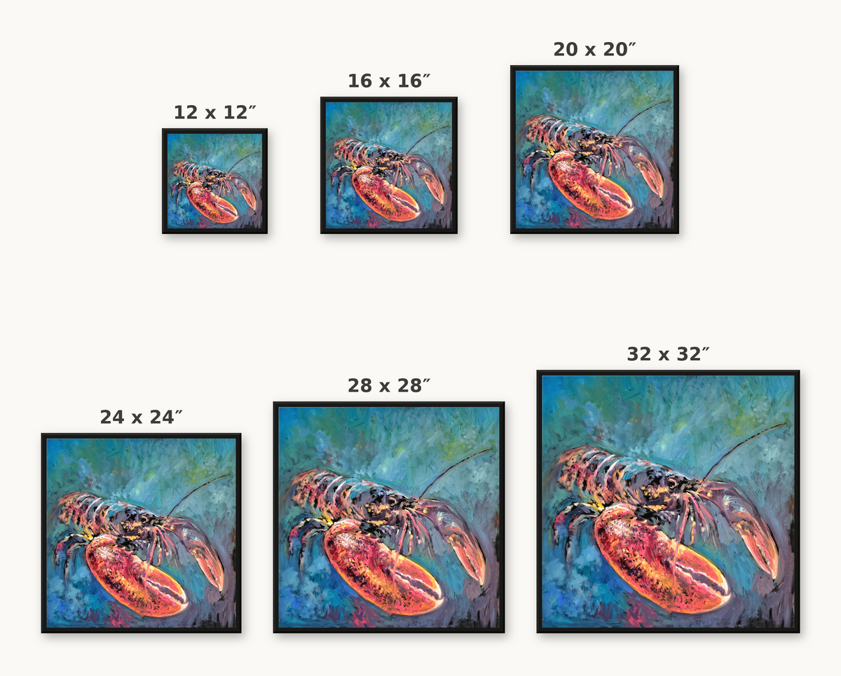 Six framed lobster canvas prints shown in increasing sizes: 12 x 12", 16 x 16", 20 x 20", 24 x 24", 28 x 28", and 32 x 32". The canvases feature a colorful lobster painting on a blue textured background, and the sizes are labeled on a light beige background.
