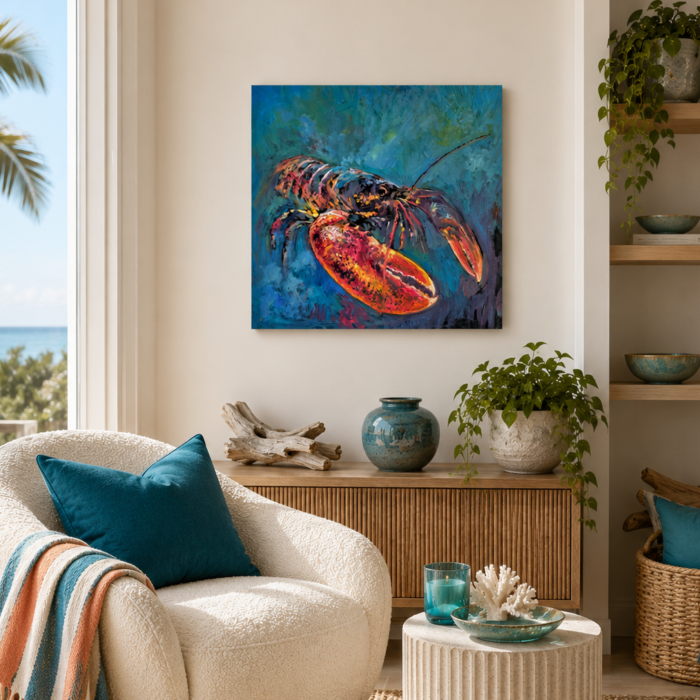 Cozy living room with a chair, ottoman, and colorful artwork of a lobster.