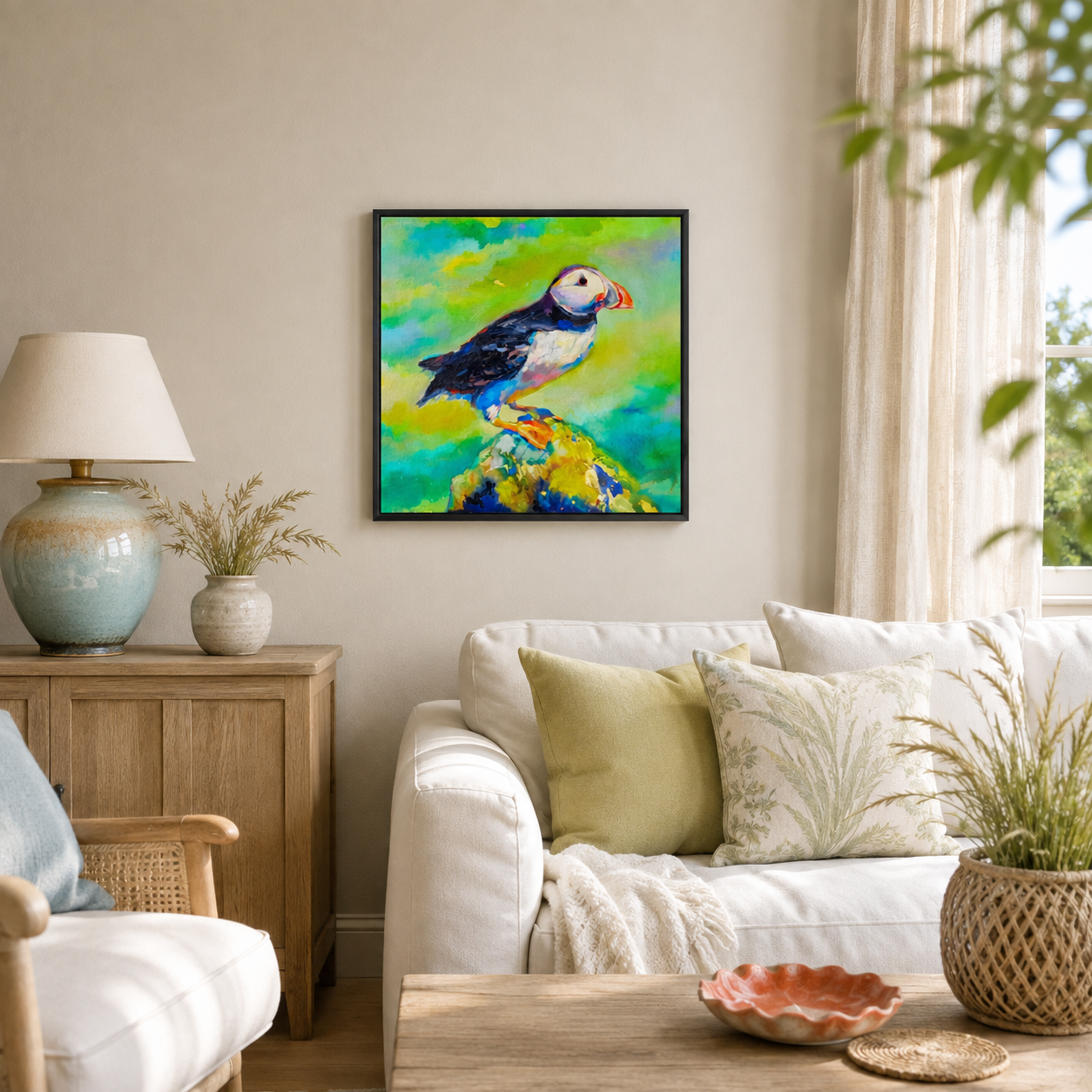 Surveying the Sea - Puffin Wall Art  Framed Canvas Print