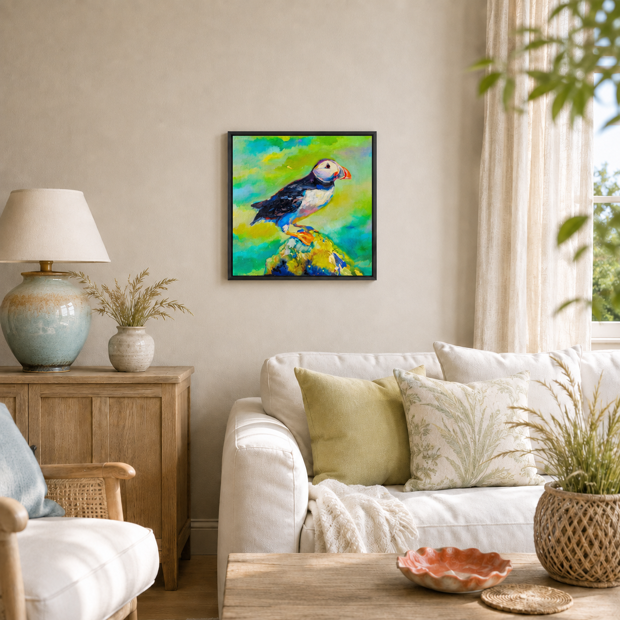 Surveying the Sea - Puffin Wall Art  Framed Canvas Print