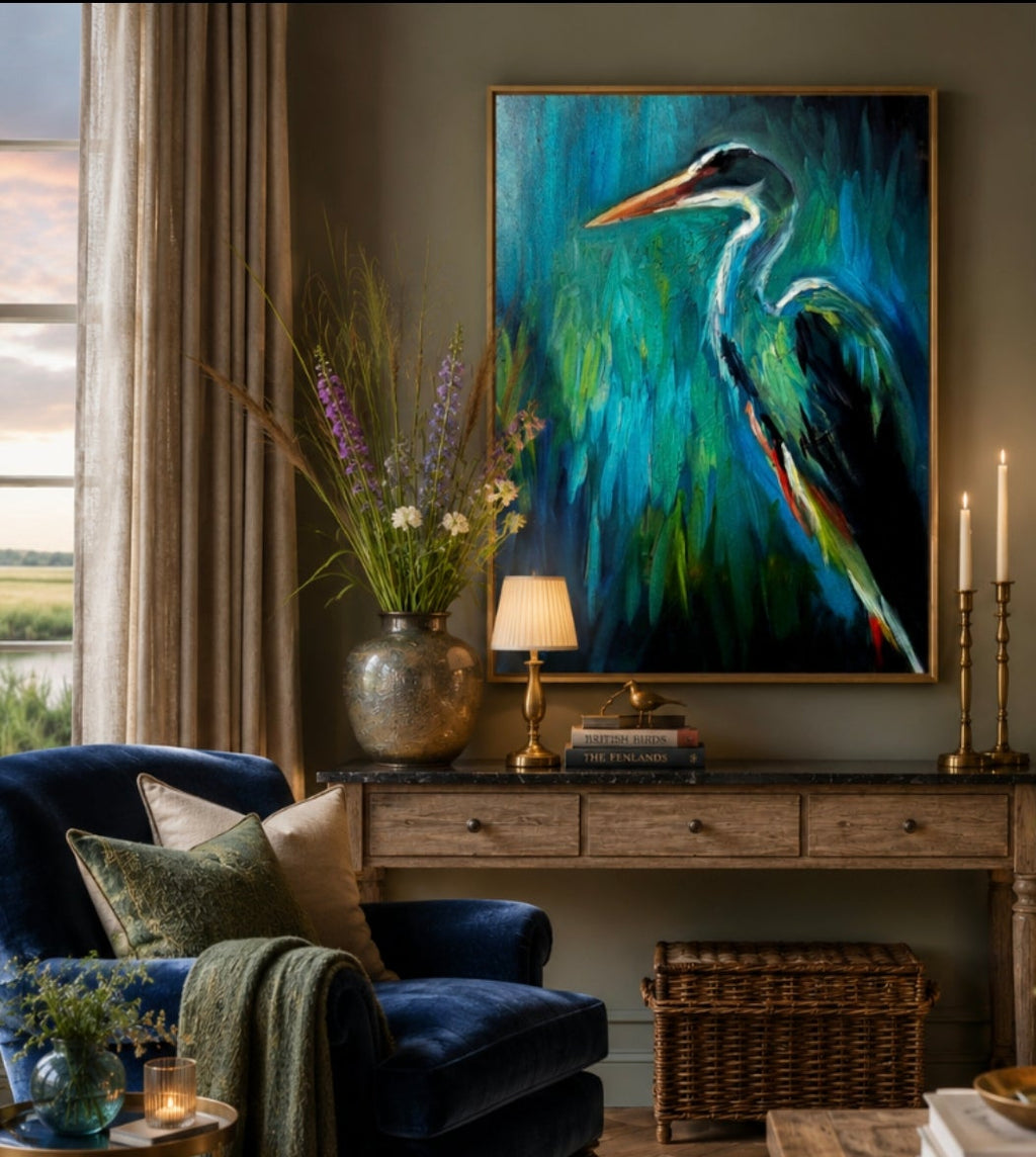 Living room with a large painting of a heron on the wall, featuring furniture and decor.