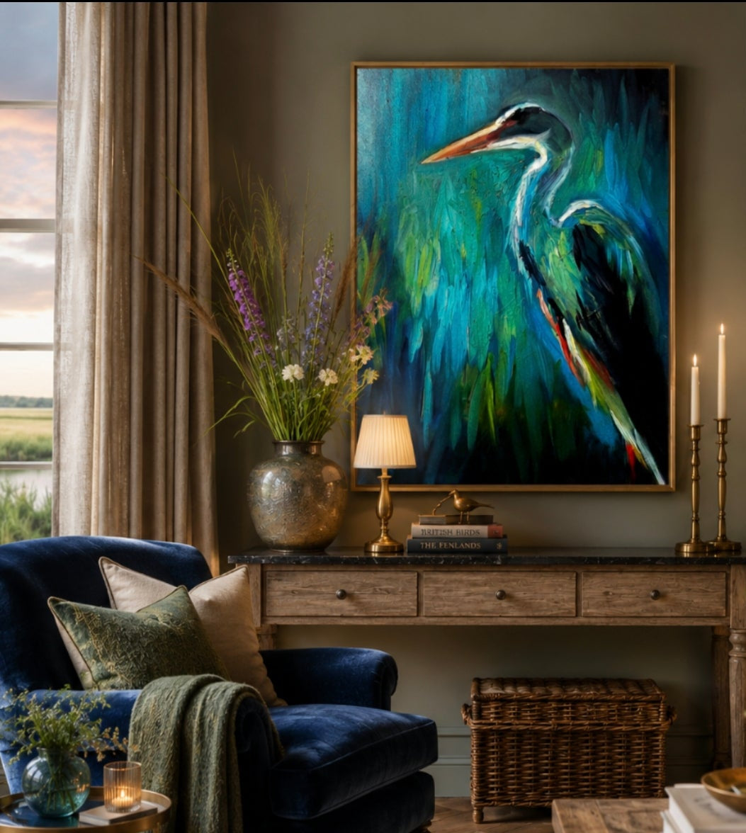 Living room with a large painting of a heron on the wall, featuring furniture and decor.