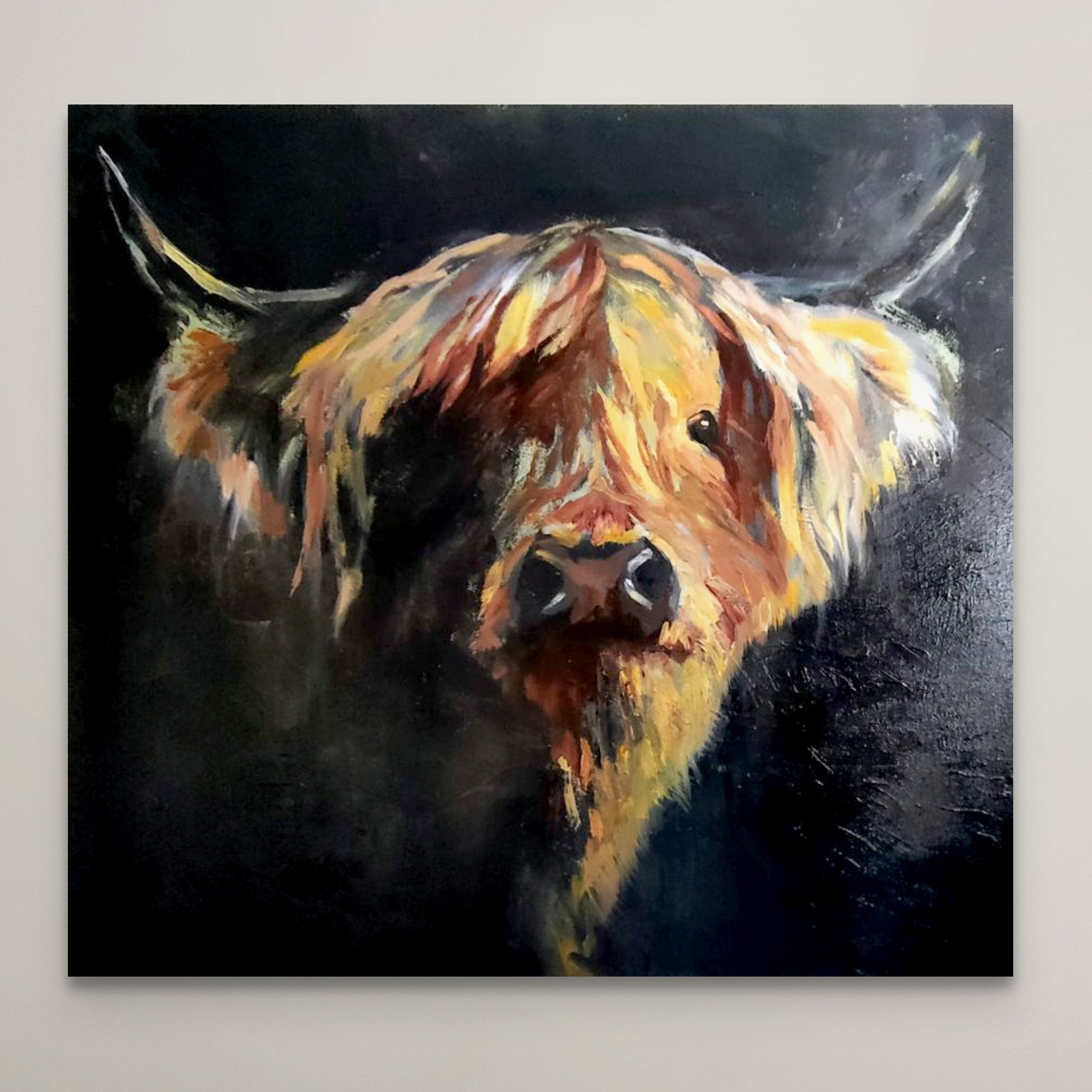 *Sold 'Moray '- Original Highland Cow Oil Painting  60 x 60 cm - Animal Art by Susan Gardner - Contemporary Expressionist - Colourful Fine Art