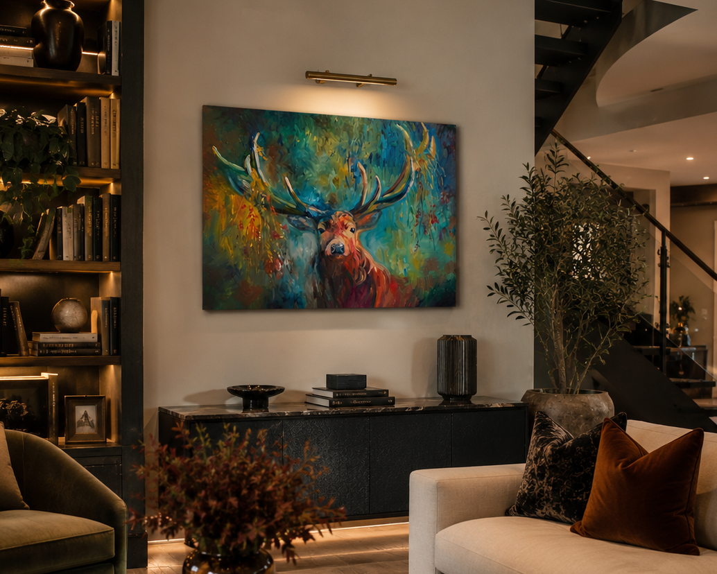 Modern living room with a painting of a deer, sofa, and armchair.