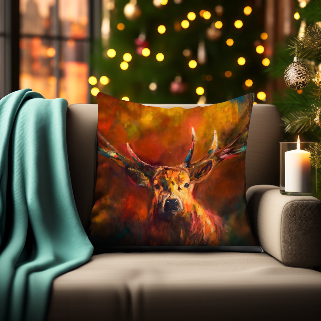Autumn Stag Cushion - - susan gardner - uk artist - colourful animal art