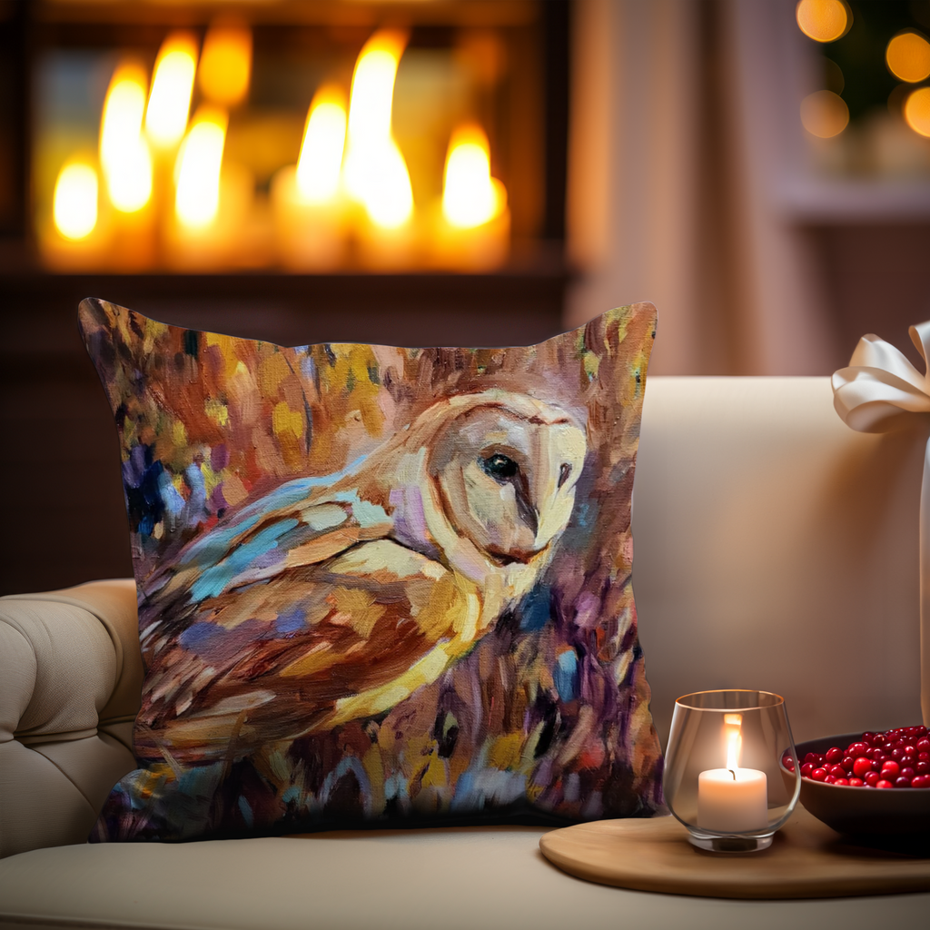 Barn Owl and Teazels Cushion - Animal Art by Susan Gardner - Contemporary Expressionist - Colourful Fine Art