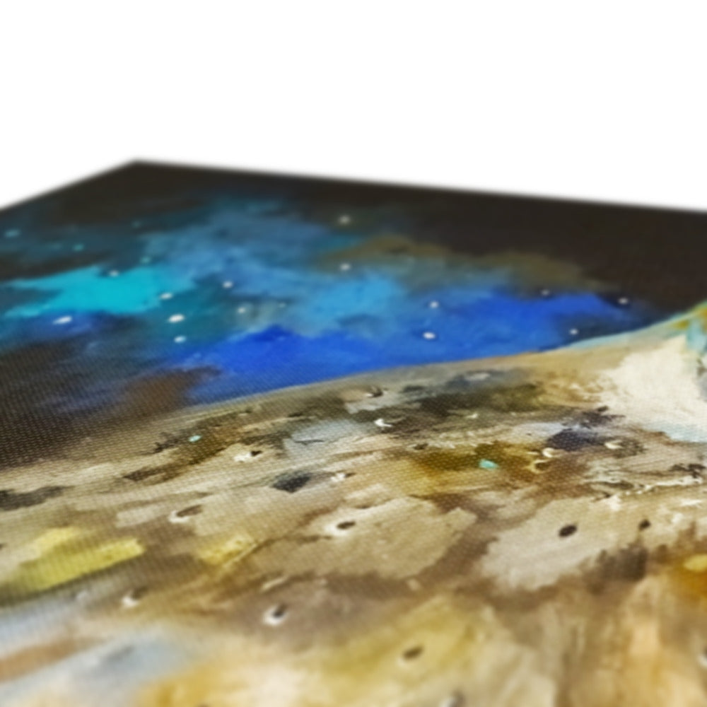 Close-up of a painting with blue and brown tones on a white background
