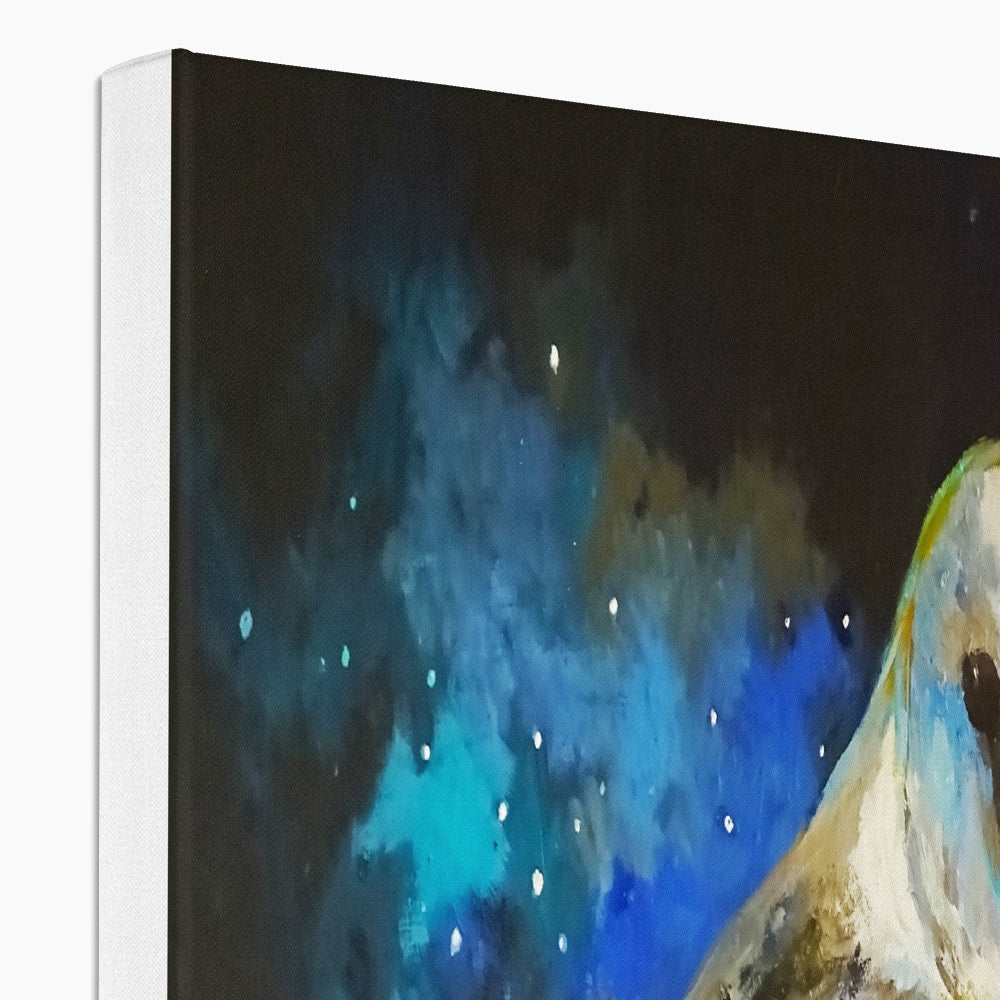 Abstract painting with blue, green, and white colors on a dark background