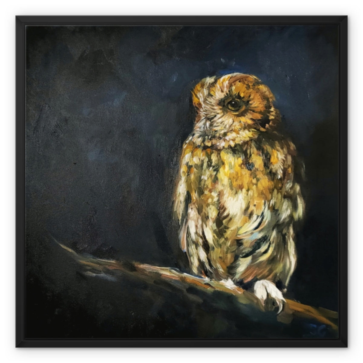 A framed painting of a small owl perched on a branch against a dark, moody background. The owl is rendered in warm brown, beige, and cream tones with visible brush texture.
