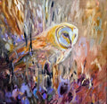 Artistic depiction of an owl in a natural setting with warm colors