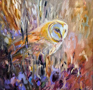 Artistic depiction of an owl in a natural setting with warm colors