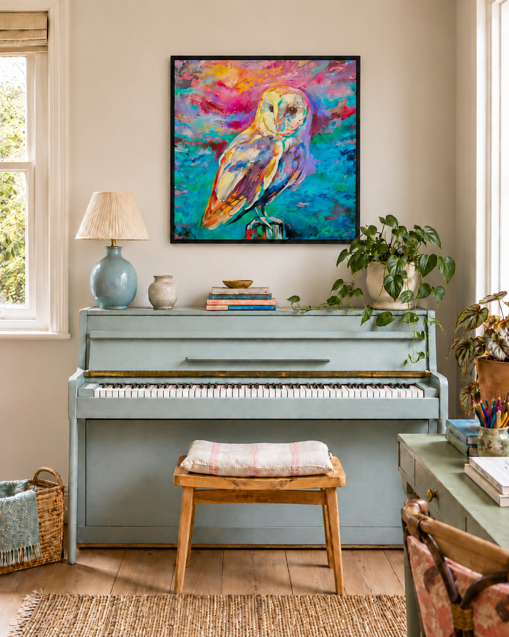 Colourful owl picture on the wall in a room with a piano
