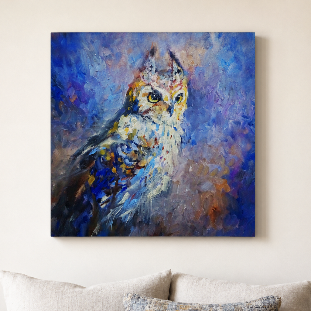 Owl wall art canvas on a childs bedroom wall