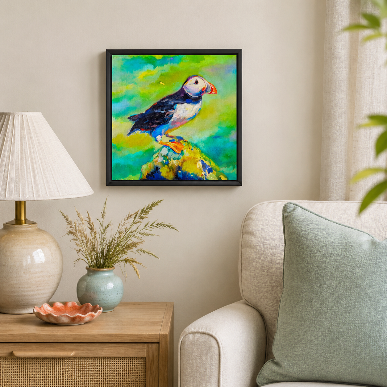 Surveying the Sea - Puffin Wall Art  Framed Canvas Print