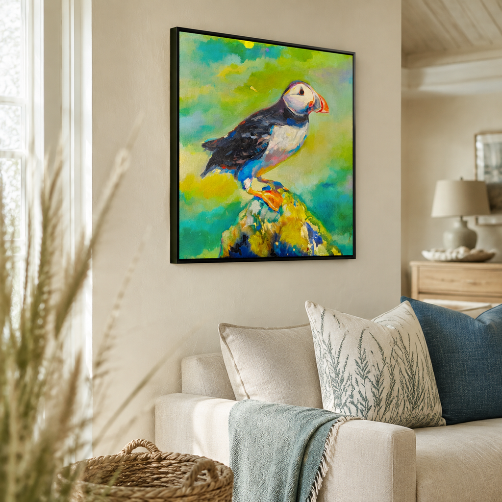 A framed colorful painting of a puffin perched on a rock, displayed on a beige wall above a light-colored sofa with decorative pillows in a styled living room setting.