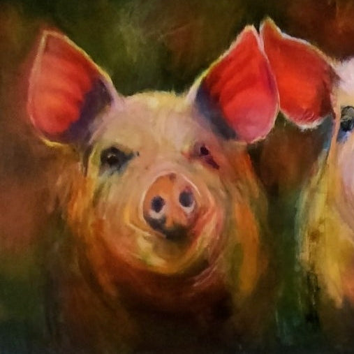 Artistic depiction of three pigs with a colorful background