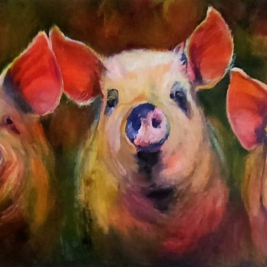 Artistic depiction of three pigs with a colorful background