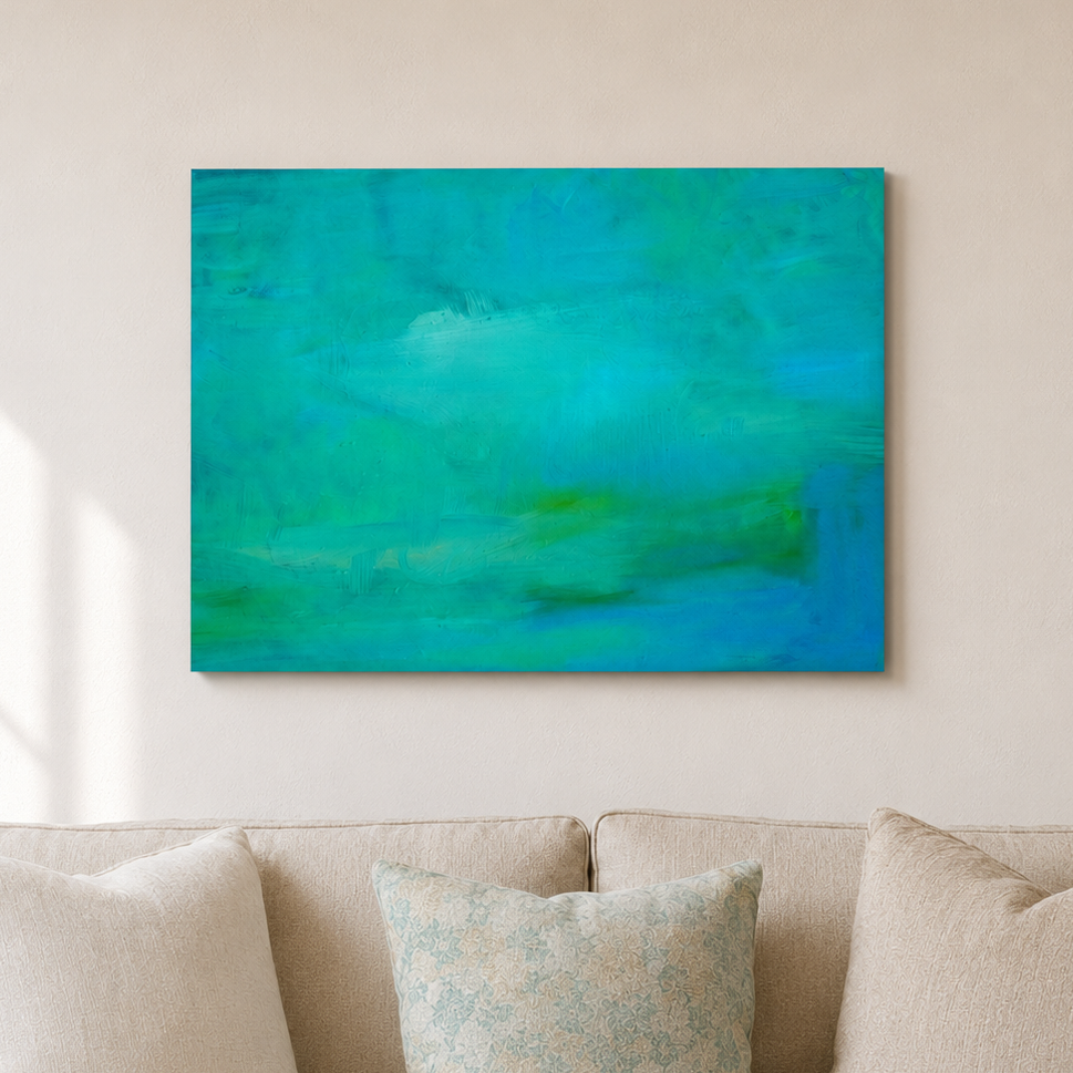 An abstract canvas wall art print featuring shades of teal, turquoise, and green, displayed on a light beige wall above a neutral-toned sofa with decorative pillows.