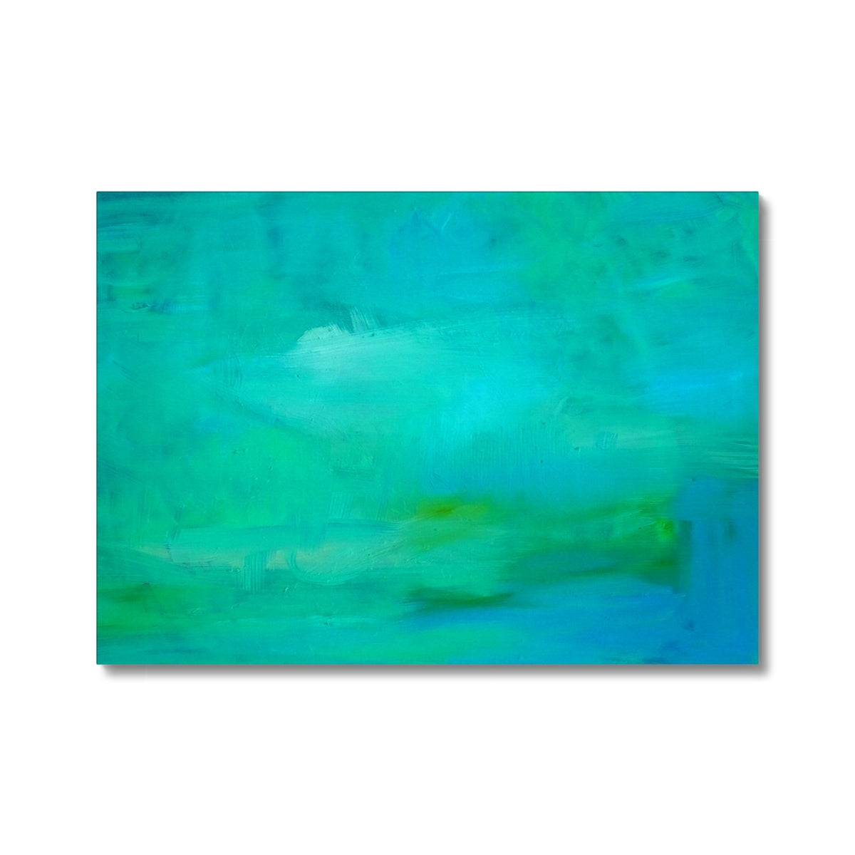 Abstract canvas wall art featuring a textured blend of teal, turquoise, and green brushstrokes on a white background.