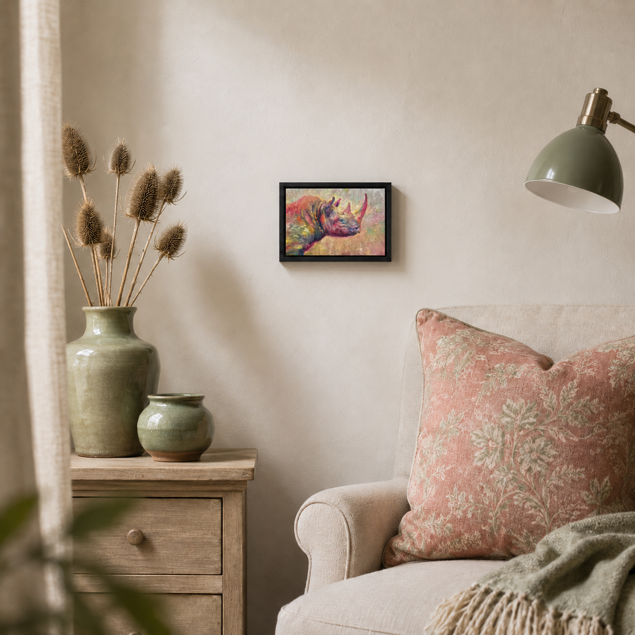 A small framed colorful rhinoceros art print hangs on a beige wall in a styled living room setting with a sofa, decorative vase, and lamp.