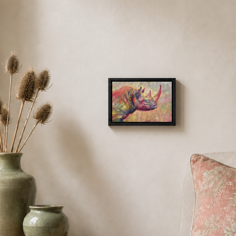 A framed art print of a colorful rhinoceros hanging on a beige wall in a styled room setting with a vase of dried thistles and a pink cushion.