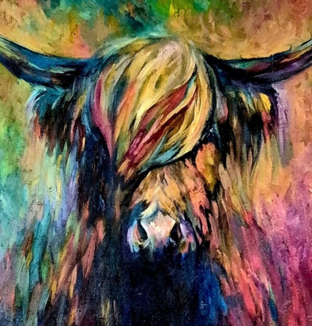 'Ballantine' Original Highland Cow Oil Painting 40 x 30"/80 x 100 cm - Animal Art by Susan Gardner - Contemporary Expressionist - Colourful Fine Art