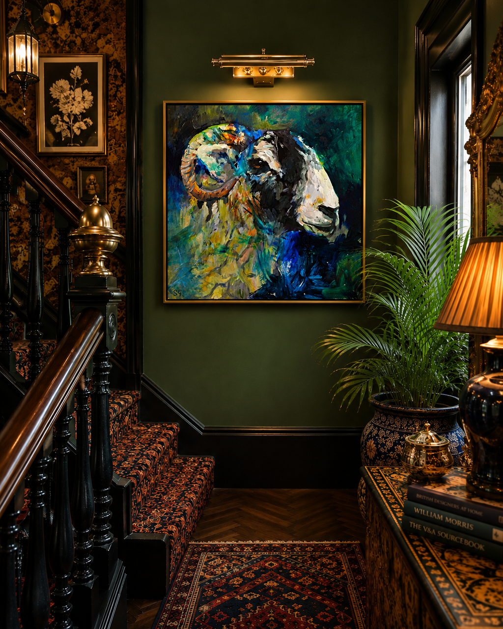 Staircase with a painting of a ram on the wall, surrounded by decorative elements.